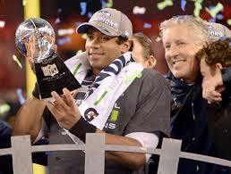 Russell Wilson, Pete Carroll and The Lombardi Trophy