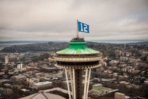 The 12th Man Flag Flying over the Space Needle