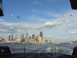 Seattle on the horizon, at least when on a ferry ride on the Puget Sound