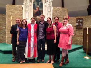 Pastor Jeremy Ullrich, newly ordained with friends from Texas Lutheran University and Luther Seminary. Photo courtesy of Lauren Lys