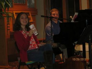 My wife, Allison, and I in between leading music in evening worship on piano and cello. 
