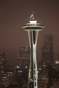 The 12th Man Flag flies a top the Space Needle in Seattle. Go Hawks!